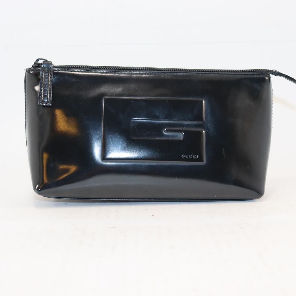 Vintage Gucci Black Patent Leather Square G Monogram Cosmetic Pouch Bag 039.0270